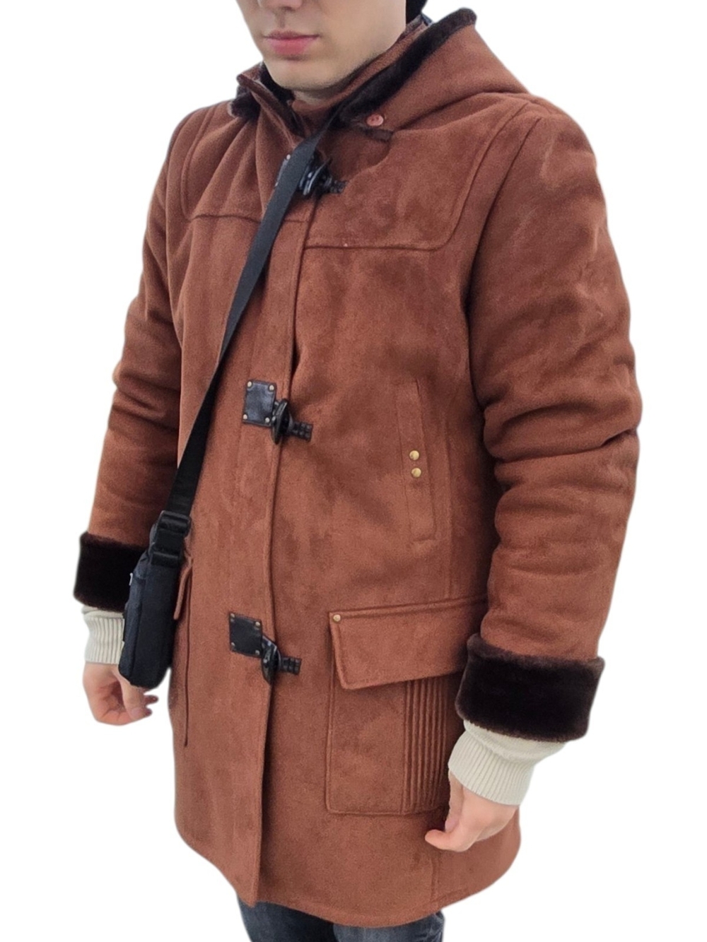 Obey Brown Suede Shearling-Trim Toggle Porter Coat